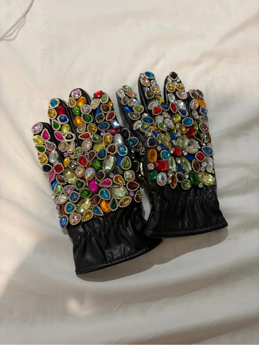 AKIRA Black Jeweled Leather Gloves with Multicolor Gems